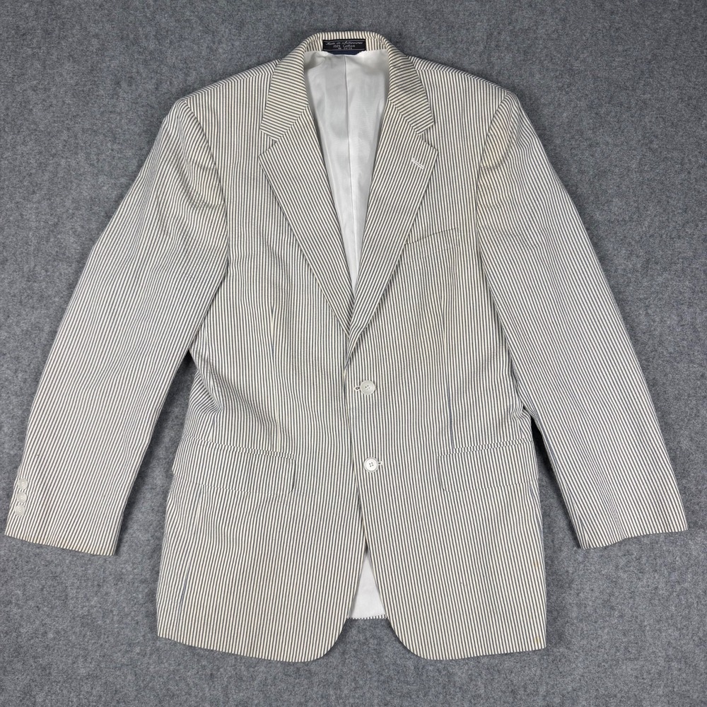 Haspel Mens 40R Seersucker Blazer Jacket 100% Cotton Blue White Striped Sport